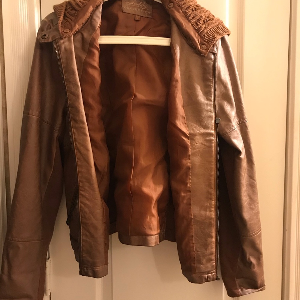 Nordstrom Sebby Faux Leather Jacket w/woven hood.
